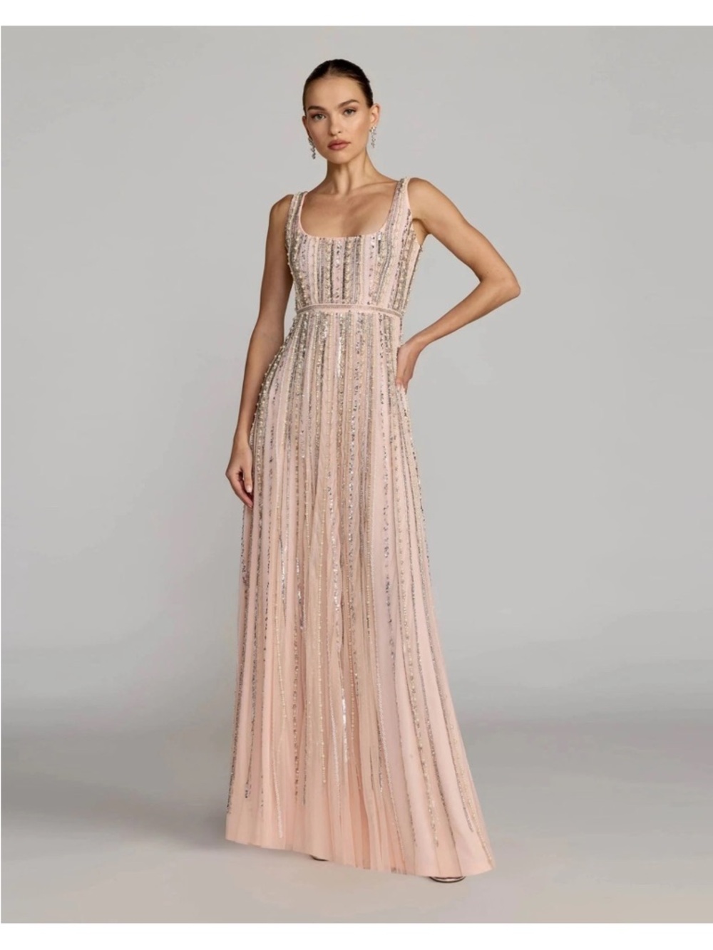 Mac Duggal 94080 Blush Pink Scoop Neck A-Line Gown With Striped Beading Sz 14